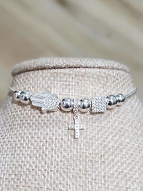 Sterling Silver Hamsa & Cross Charm Bracelet - Silver